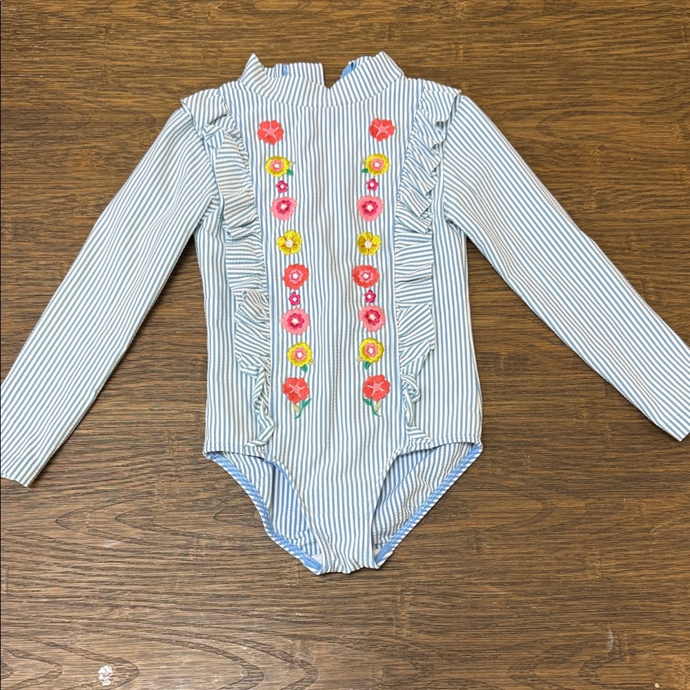 Mini Boden Blue Striped Bodysuit with Floral Design
